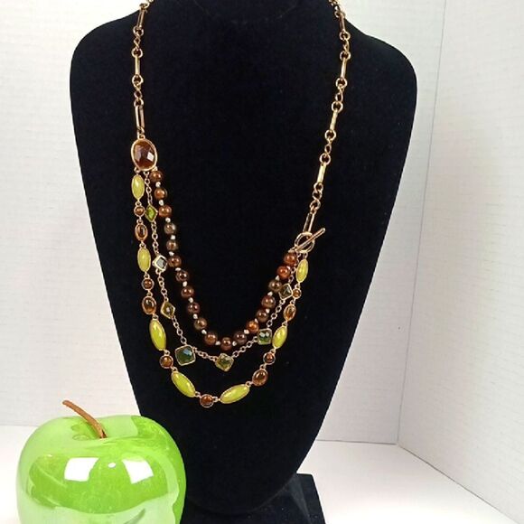 Women Multi-Strand Necklace in Brown Gold And Green Glass  Resin Boho Chic - Picture 1 of 8